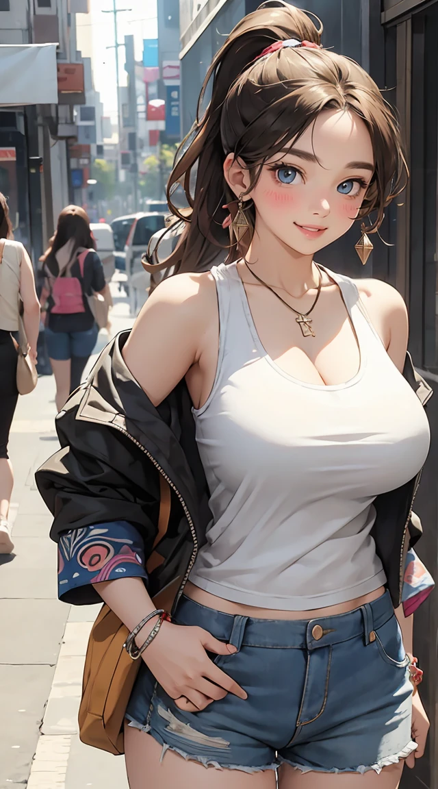 mature, huge breasts, printed tank top, colorful patterns, shorts, jacket, necklace, wavy hair, ponytail, bracelets, seoul city, streets, standing pose, contrapposto