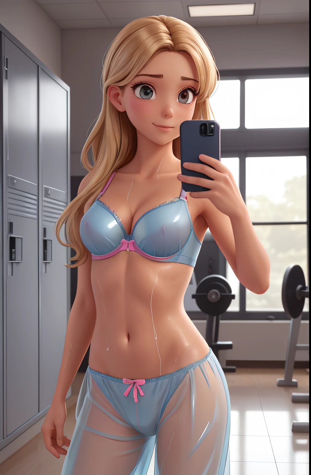 ung girl, wet transparent pajamas with bra and panties visible, in gym locker room, small breasts random hair styles, beautiful, perfect skin, 8k resolution, perfect lighting, perfect face, perfect shading, extreme detail, shining, tanned skin, bright lighting, taking selfie, clothes falling off