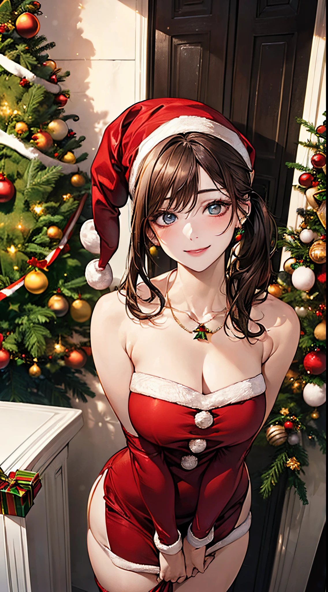 masterpiece, best quality, <lora:OlgaLoraV1:0.8>, od, 1girl, solo, long hair, brown hair, green eyes, medium breasts, bangs, <lora:santadress:0.5>, woman wearing sntdrs, red santa dress, cleavage, thighs, white fur trim, belt, pantyhose, open shoulders, red choker, christmas tree, warm light, rtx, hdr, pink lips, cute, black eyes makeup, light smile, shy, blush, amazing background, outside, snowing, stars, atmospheric, portrait, bokeh, amazing background, fireworks