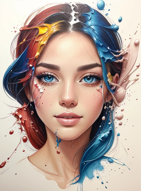 Colored pencil drawing of a beautiful woman's face with splashed paint and falling paint drops --ar 4:5 --s 500