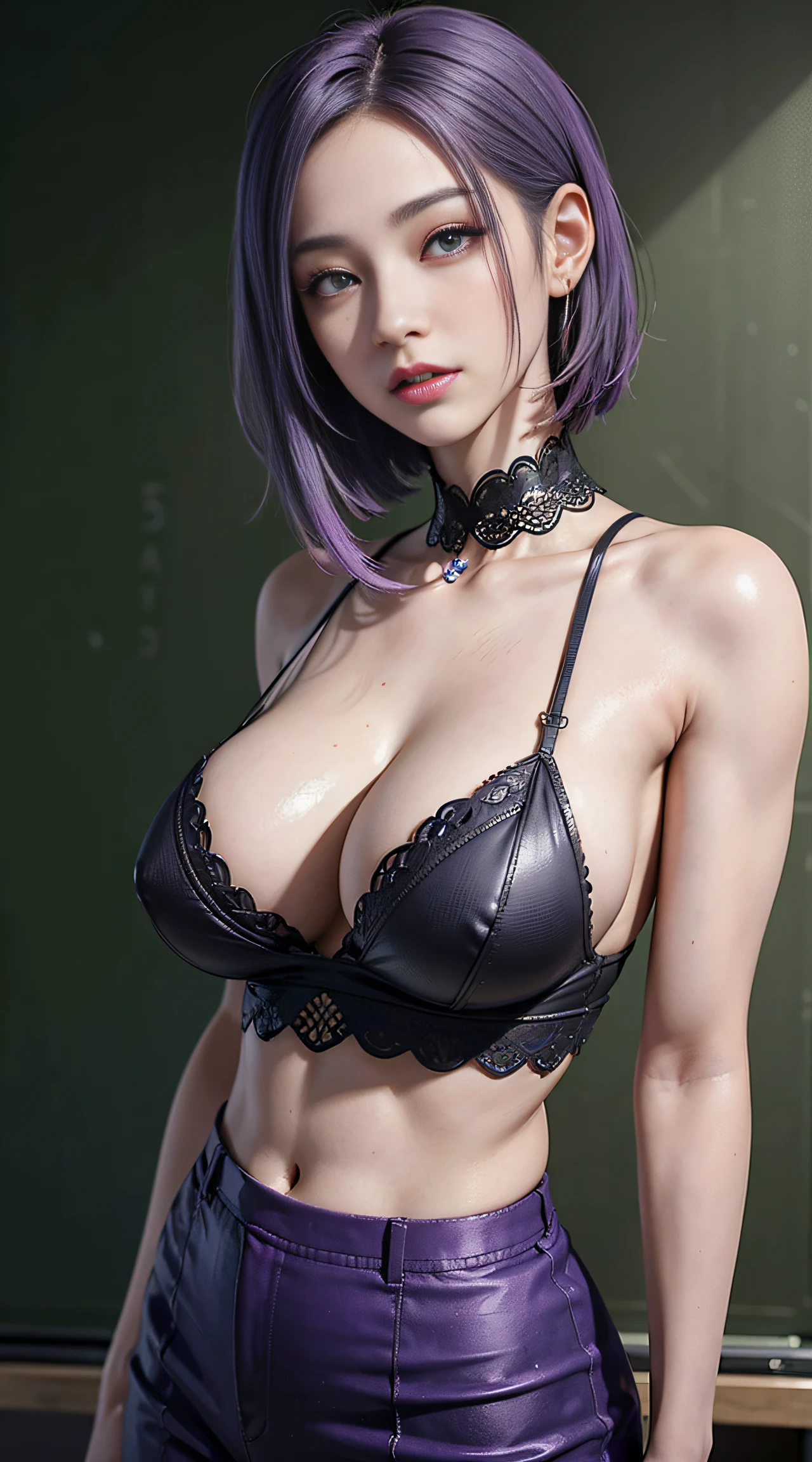 sfw, purple eyeest quality, masterpiece painting:1.3), Oboro, mature female, 26yo, (half body shot:1.3), schoolgirl, school uniform, (seductive look:1.5), purple hair, short hair, stacked bob hair, (large breasts:1.2), (narrow waist:1.1), cleavage, perfect body, (athletic body:1.1), soft skin, anime face, perfect face, (perfect eyes:1.3), glowing eyes, purple irises, anime eyes, smoky eyeliner, eyeshadow, asian, looking at viewer, smart, whiteboard background, classroom, sharp focus, intricate details, professional artwork, (vibrant colors:1.1), vivid colors, Diffused lighting, digital blending, ultra detailed body, ultra detail hair, ultra detail face, trending on pixiv, top button opened, shy girl, cute glance, makeup, purple lipstick, perfect lips, perfect makeup, ultra detailed painting, (landscape shot:1.4), ((skinny waist)), young asian girl, ((big boobs)),