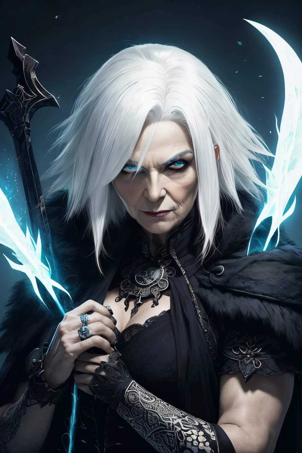 (papel de parede 8k extremamente detalhado), An average photo of a beautiful old woman with necromancer white hair, intrincado, alto detalhe, Dramatic
