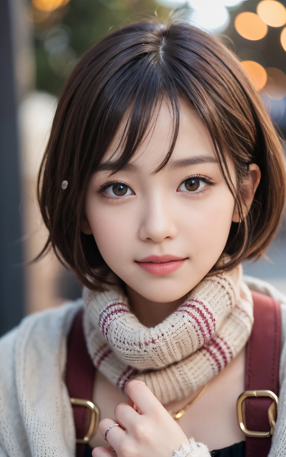 21 year old wearing cute winter clothes、during daytime、Sunshine、shopping、Kawaii Girl、Little brown hair、Shortcut Hair、Around her、Christmas Decorations、Smiling college girl、special christmas.enjoy your time。Super Detail Face、Eye of Detail、二重まぶた、beautiful thin nose、foco nítido:1.2、prety woman:1.4、(light brown hair,short cut hair, White skin、top-quality、发光、​masterpiece、超A high resolution、(Photorealsitic:1.4)、