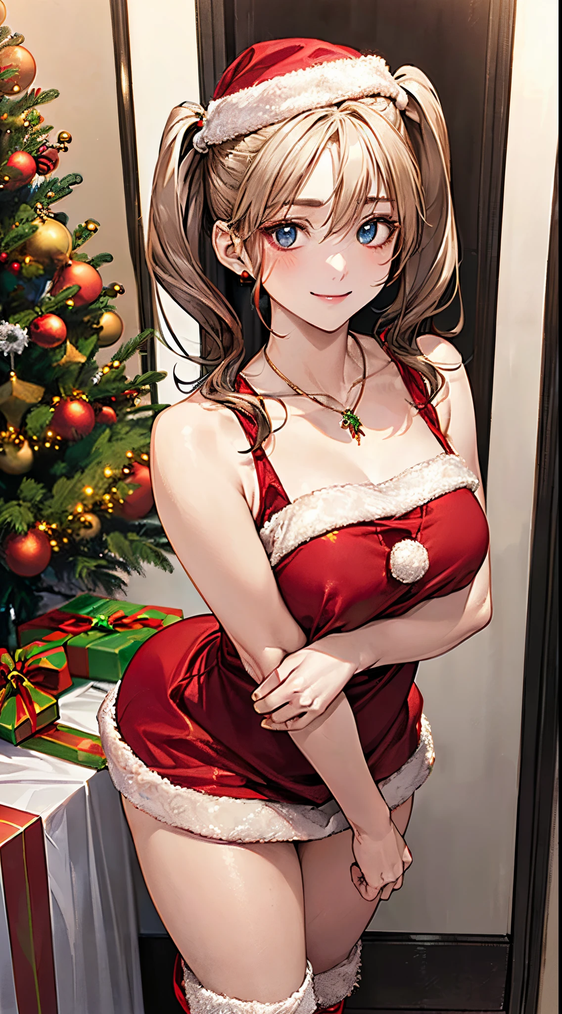 (masterpiece:1.2, top-quality), (realistic, photorealistic:1.4), beautiful illustration, NSFW, looking at viewer, cowboy shot, front view:0.8,
1 girl, japanese, high school girl, beautiful hair, beautiful face, beautiful detailed eyes, blond hair, (short hair:1.4, twintails:1.7), bangs, hair between eye, blue eyes,
beautiful clavicle, beautiful body, beautiful chest, large breasts:0.8, beautiful thighs, beautiful legs, beautiful fingers, bare thighs, (thick thigheautiful scenery), christmas night, indoors, livingroom, (christmas tree:1.3),
((wearing santa claus costume, symmetrical clothing, metallic red santa claus hat, metallic red santa claus dress, metallic red santa claus boots, bare shoulders), christmas necklace),
(swollen), ((seductive posture:1.2, attractiveness:1.2)),
(erotic, sexy, upper eyes, smile), shiny skin, standing,
perfect face, cute and symmetrical face, natural side lighting, movie lighting), depth of fields,