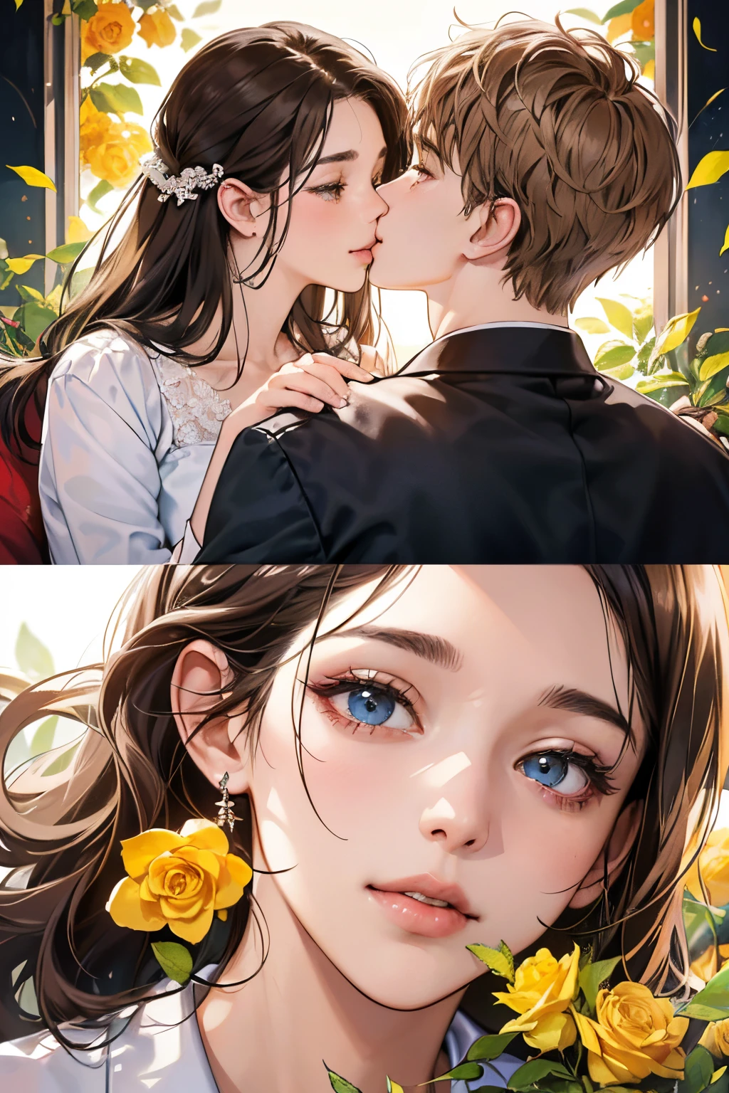 (masutepiece, Digital Art, Digital Illustration, 4K, 8K, Ultra-detailed, beautiful image, Sharp Image, Photorealistic, Raw photo, Perfect face, Perfect lines, Perfect eyes, Soft lighting) 1 woman, (lightbrown hair,Chignon Hair,Innocent look,drooping eyebrows,drooing eyes,with round face,Round jaws、Innocence,cute little,big eye,natural make up,kindly smile,E-cup,23 y-o woman:1.3),Two handsome men in suits, (ember,Men in suits,well-muscled,Firm shoulder width, Man's、Boyish hairstyle,Man in his 30s with a cool expression,28-year-old man with bright smile:1.2),A garden full of light、lots of flower、The fountain、Colorful flowers、(embarrassed from,Shy smile,bouquet of yellow roses:1.2),Antique sofa,Resort Sofa,the kiss、kiss、a couple、couple kissing、Romance、weddingdress、Wedding、Kiss of vows