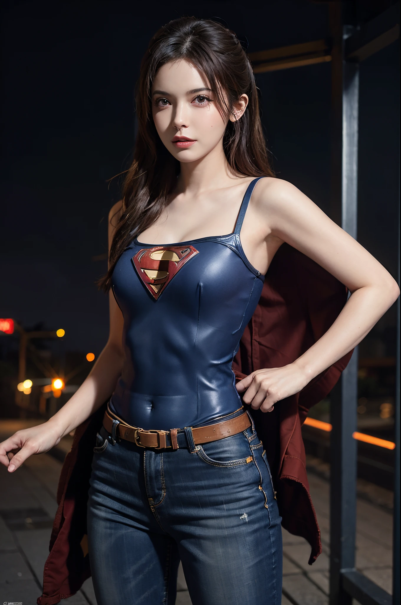 superman, 1girl in, Cinematic, hyper realisitic, Photo,
Cowboy Shot, Sexy, Bare shoulders, Same as, Tight clothes,
Skin Detailed, nffsw, Cinematography, Sateen, epicd, Night,