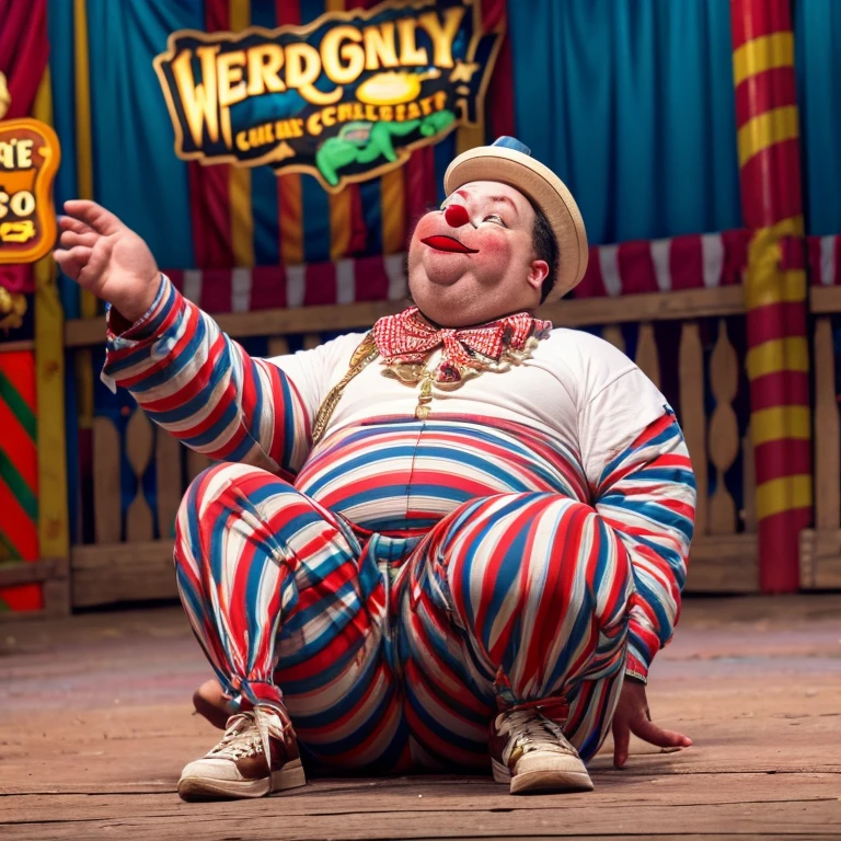 clown guy gets fat, he is so fat'Stand up. He gained weight because of chewing gum.My body became curled up during the circus.
