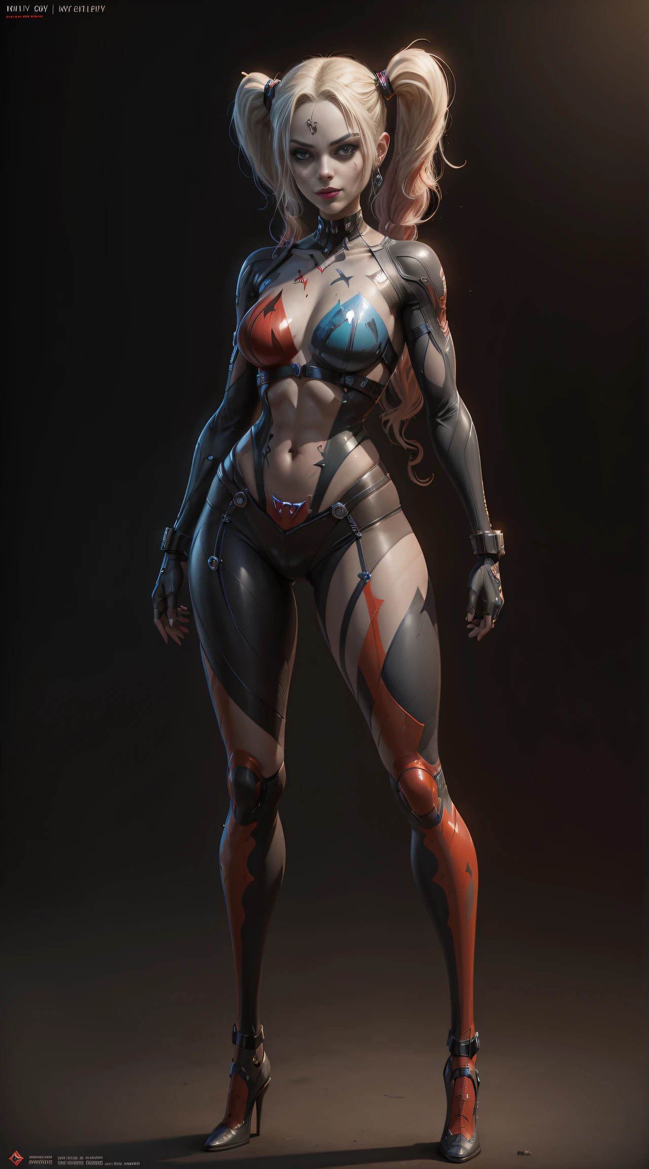Harley Quinn from DC, frontal, full-length, looking at the camera, facing the audience, standing pose, background, three-dimensional light, detailed full-body concept, sleek digital concept art, beautiful full-body concept art, art trend, full-length CGsociety,