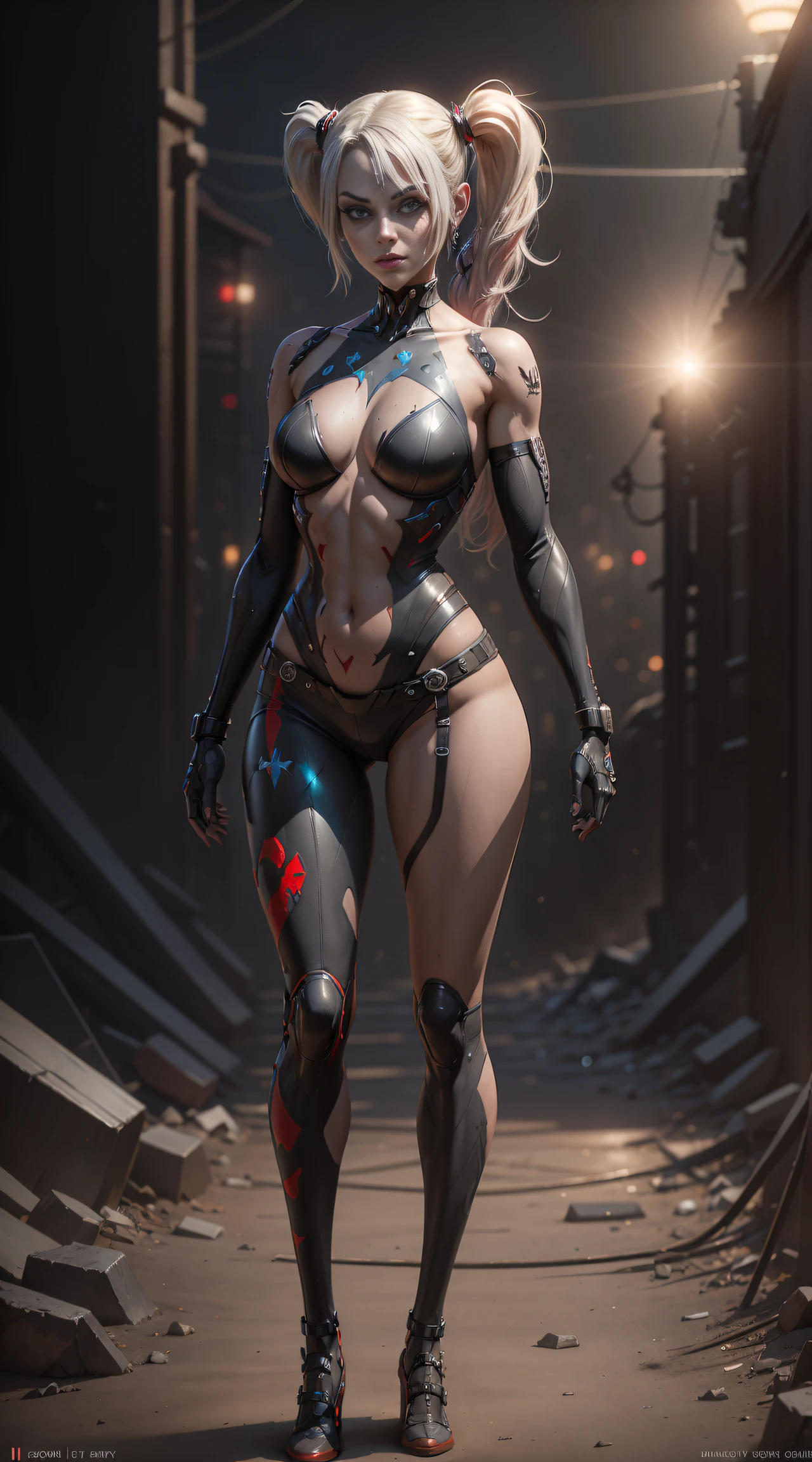 Harley Quinn from DC, frontal, full-length, looking at the camera, facing the audience, standing pose, background, three-dimensional light, detailed full-body concept, sleek digital concept art, beautiful full-body concept art, art trend, full-length CGsociety,