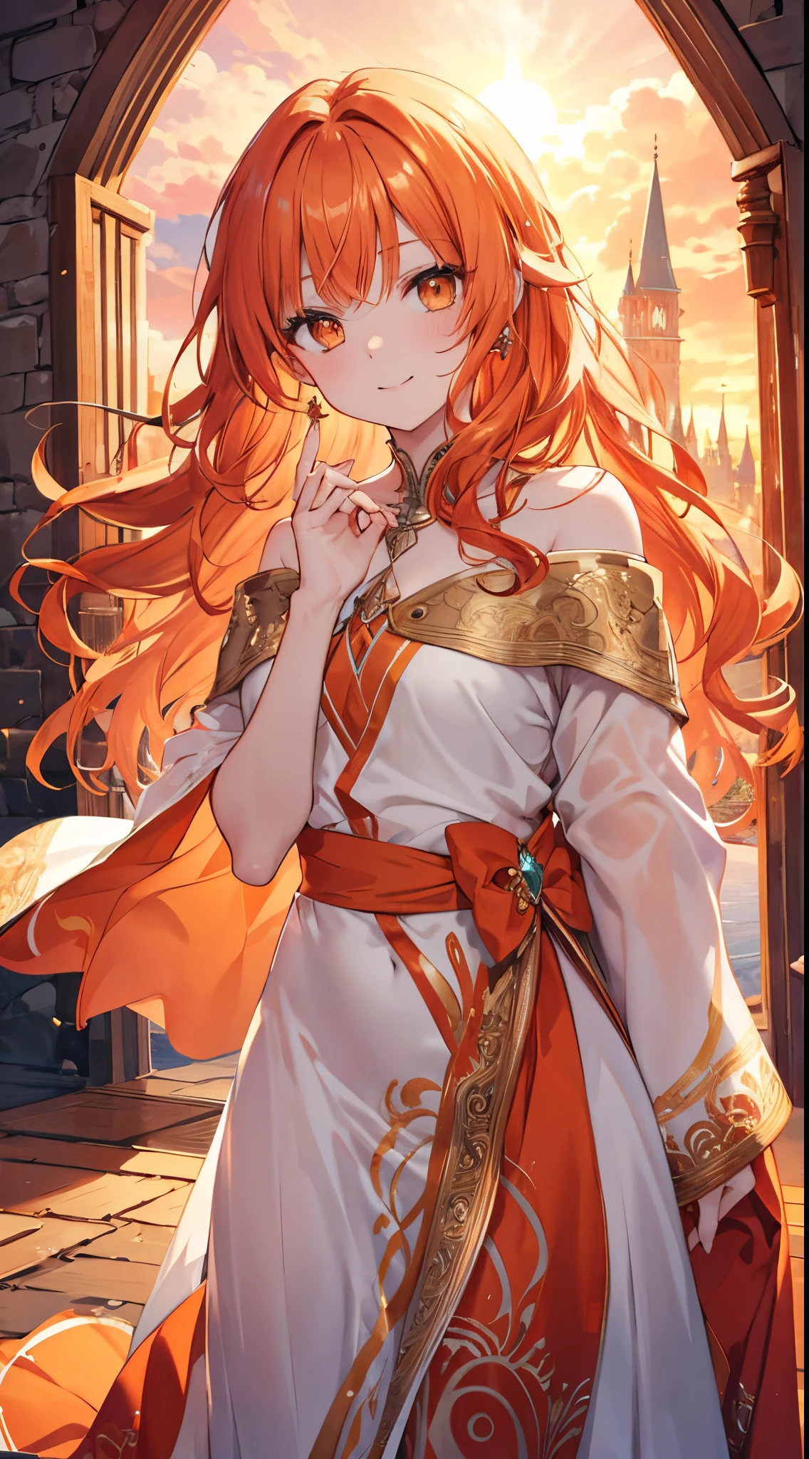 ginger hair, orange eyes, wavy hair, silky hair, , dynamic angle, fantasy, princess robes, gentle, smiling, sunset, castles background, fit body, soft skin, beautiful, masterpiece