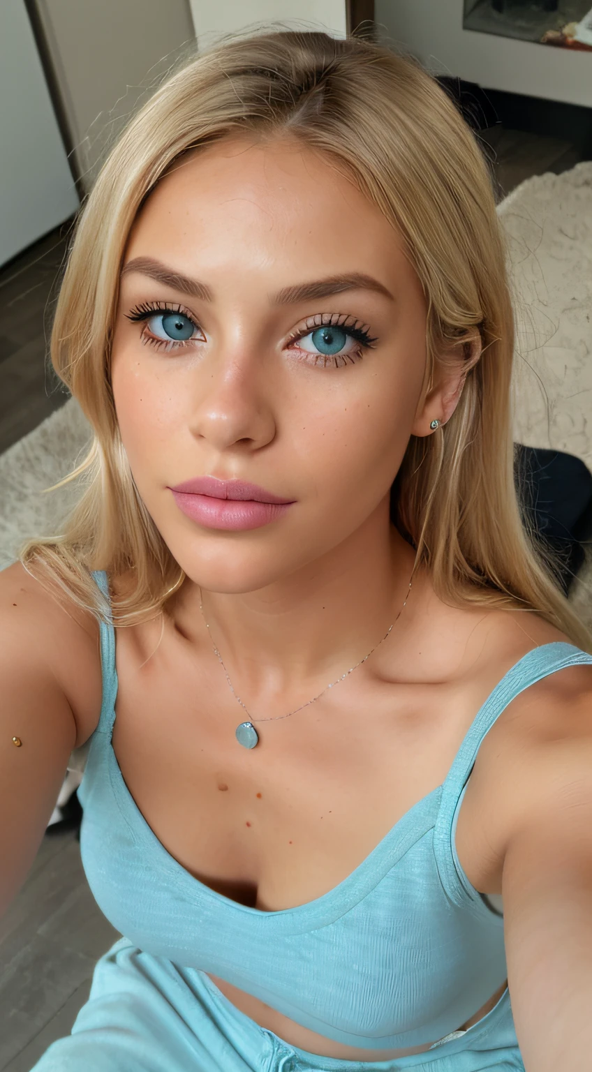 (selfie, top view: 1.4), a bit of distance away from camera, (straight half of the body: 1.4), RAW UHD portrait photo of a 23-year-old blonde (blue-eyed woman) walking with blonde hair at home during the day time, (casual pants), (neckline), details (textures! , hair! , glitter, color!! , disadvantages: 1.1), glossy eyes with high detail (looking at the camera), SLR lighting, SLR camera, ultra-quality, sharpness, depth of field, film grain (center), Fujifilm XT3, crystal clear, frame center, beautiful face, sharp focus, detailed skin pores, oily skin, sunburn, complex eye details, full body, fuller lips