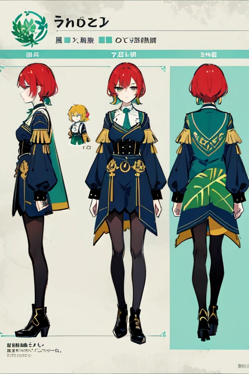 1girl in, ((Character information)、(Chara Leaf)、Type sheet, Character Sheets, Three types，Shot Full Body，Game Character Design，Colorful, Bright