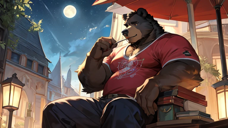 Environnement : Un parc avec de la végétation faiblement éclairée par des lampadaires, le clair de lune , légère pluie,. Le protagoniste est assis sur un banc, plongée dans ses pensées. Personnages : Protagoniste : anthro (bear), male, alone, (bear), il regarde le clair de lune, avec une expression mêlée de tristesse et d'inquiétude. Tenue : Il porte un t-shirt rouge avec un short beige. Ses mains s'agrippent à ses genoux, témoignant de son trouble intérieur. [Diaporama du protagoniste assis sur un banc, regardant par le ciel éclairée par la lune]. hdr, par mystikfox61, par darkgem, par Glitter Trap Boy, par bebebebebe