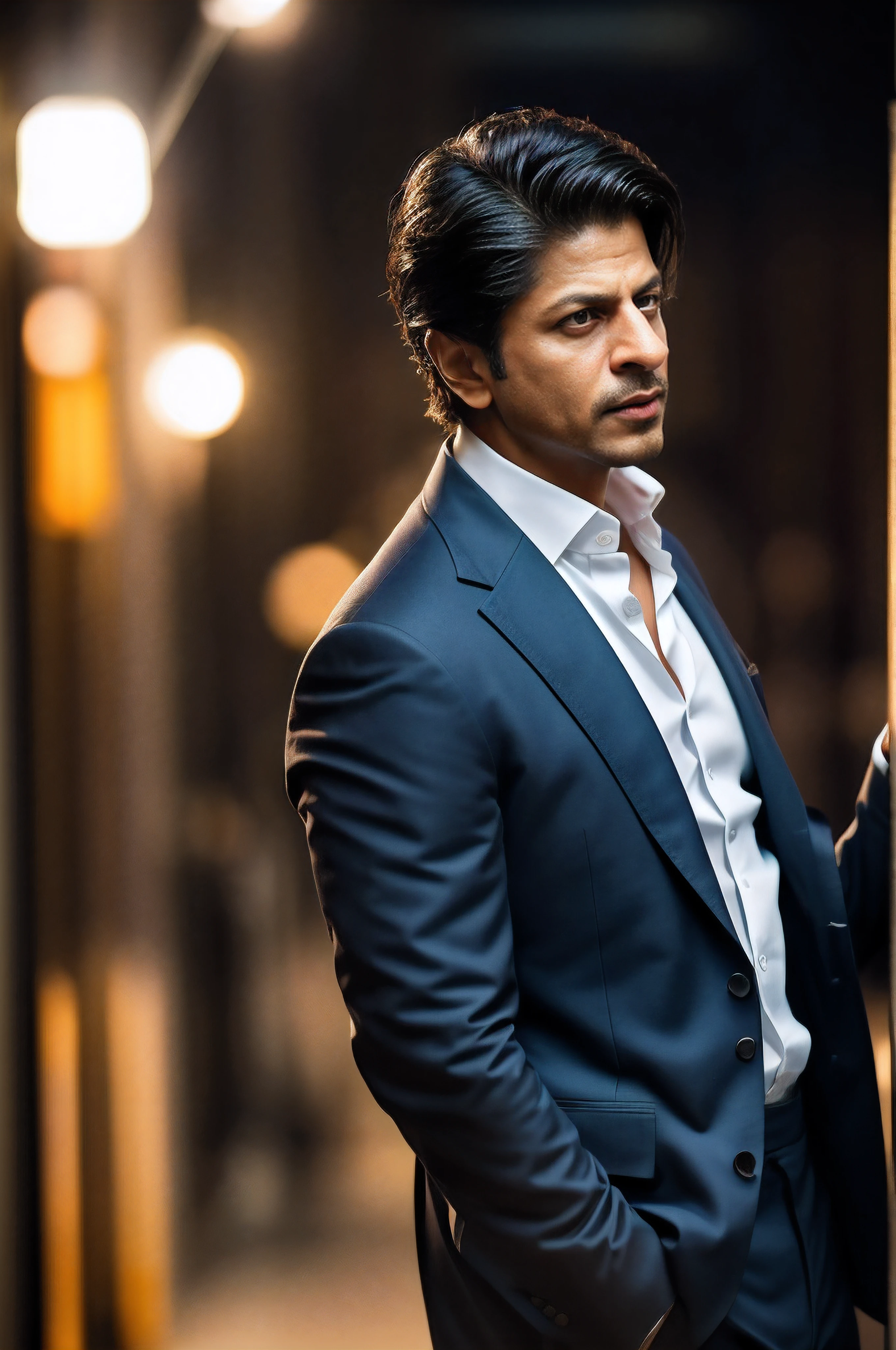 cinematic film still ((BBC Style)) picture of 35 year old Shahrukh khan wearing a three piece suit , shallow depth of field, vignette, highly detailed, high budget, bokeh, cinemascope, moody, epic, gorgeous, film grain, high quality photography, 3 point lighting, flash with softbox, 4k, Canon EOS R3, hdr, smooth, sharp focus, high resolution, award winning photo, 80mm, f2.8, bokeh