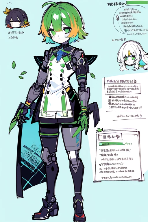 1girl in, ((Character information)、(Chara Leaf)、Type sheet, Character Sheets, Three types，Shot Full Body，Game Character Design，Colorful, Bright, Cyborg, robot