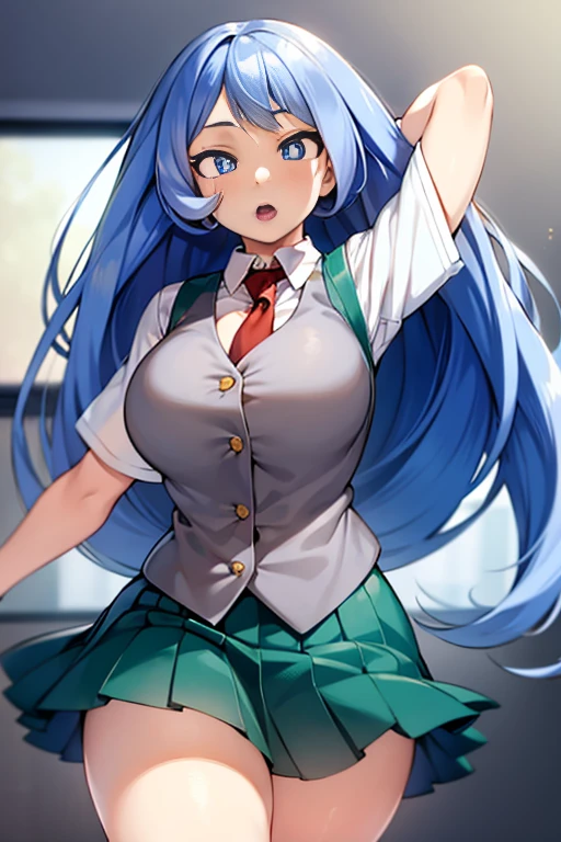 nejire hado, 1girl, solo, long hair, breasts, looking at viewer, open mouth, blue eyes, skirt, large breasts, simple background, shirt, white background, school uniform, blue hair, white shirt, short sleeves, thighs, necktie, teeth, collared shirt, vest, arm up, thick thighs, red necktie, green skirt, arm behind head, u.a. school uniform