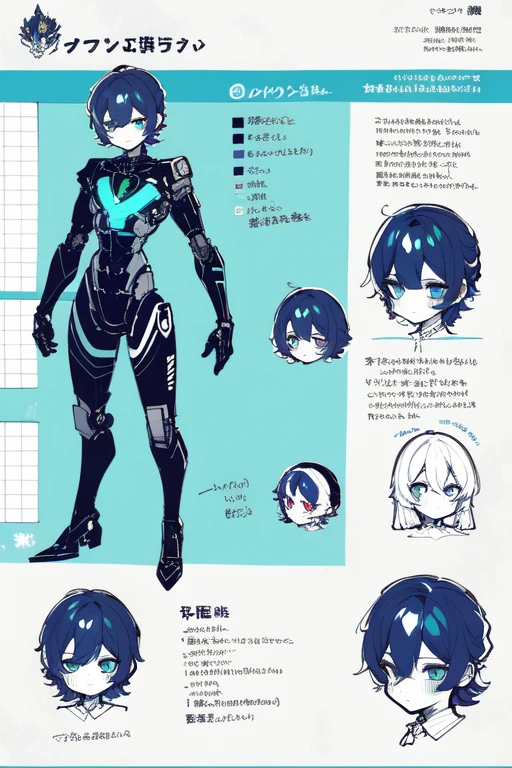 1girl in, ((Character information)、Type sheet, Character Sheets, Three types,Shot Full Body,Game Character Design,Colorful, Bright, Cyborg, a robot