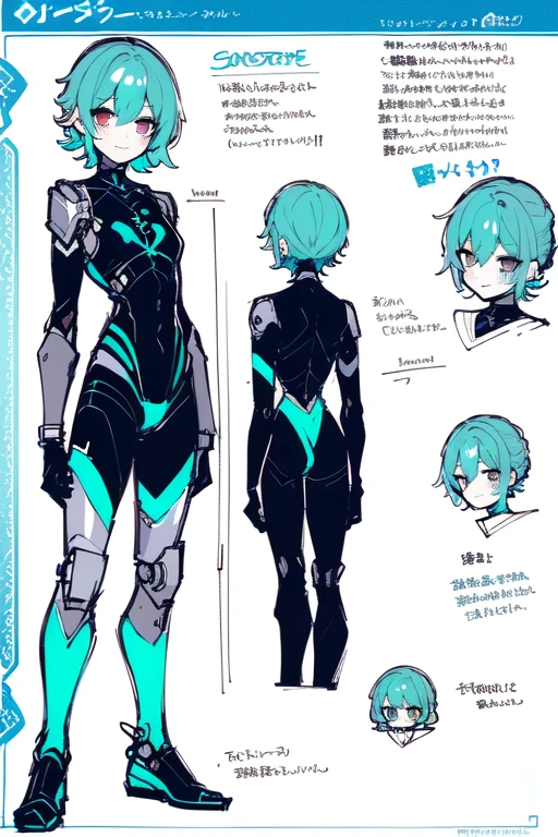 1girl in, ((Character information)、Type sheet, Character Sheets, Three types，Shot Full Body，Game Character Design，Colorful, Bright, Cyborg,