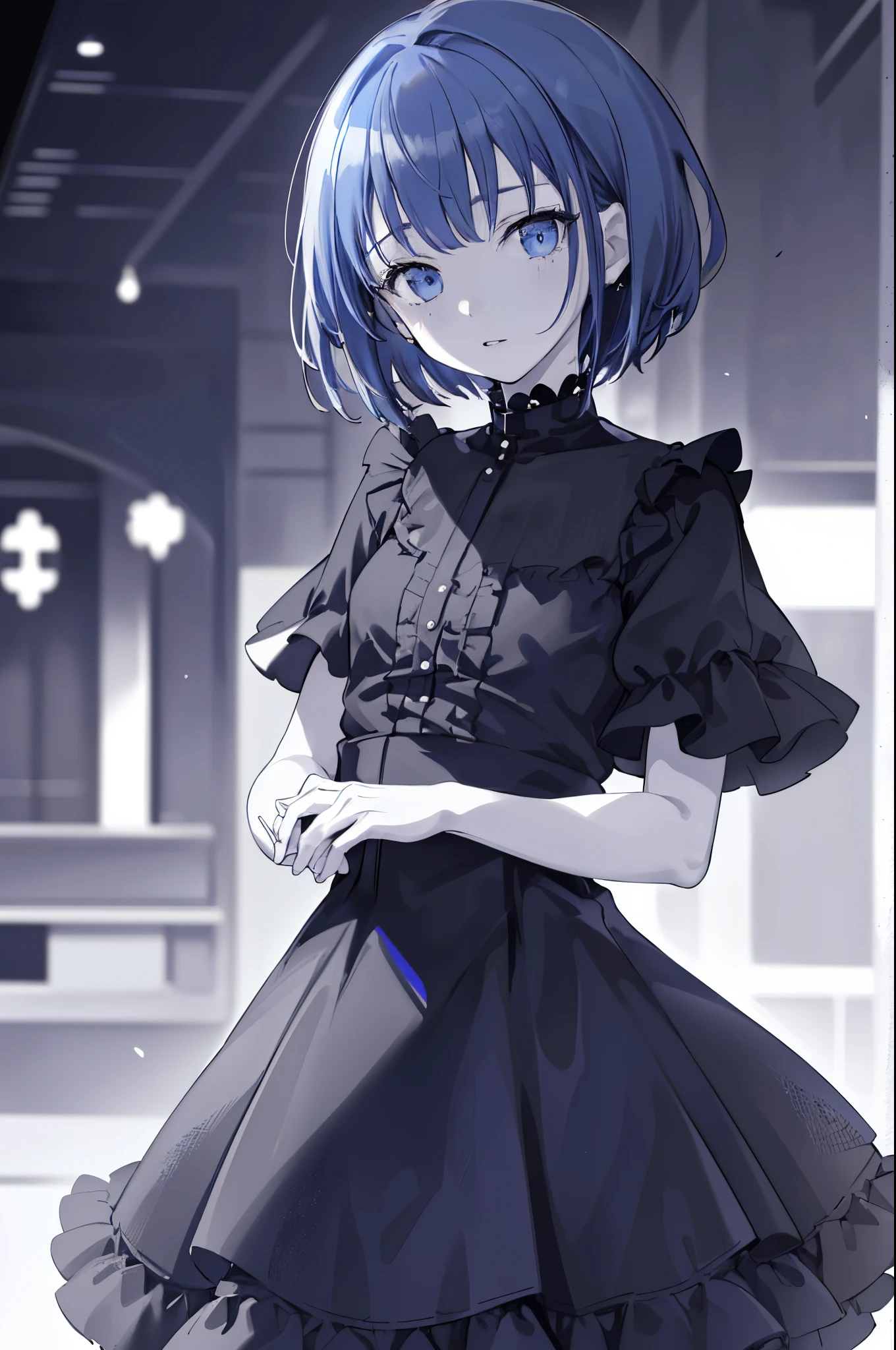 (8K, Best quality at best, tmasterpiece:1.2),\(Eyes detailed\),\(facial feature\),(\(clothes details details body lesbian,(surface focus) ,Very detailed CG unified 8k wallpaper,hugefilesize,ultra - detailed,A high resolution,Dramatic shadows,dramatic angles,hyper-detailing,(1 girl:1.3),(Alone),12year old,change,Haruka Kiritani,Blue hair,Short hair details,(Sister head:1.32),shinning eyes,(Cute loli:1.35),loli face,Little girl,(no feelings:1.25),Ladies etiquette,Gothic,Straight dress.deep blues, (Heavy monochrome:1.16),(depth of fields:1.4),