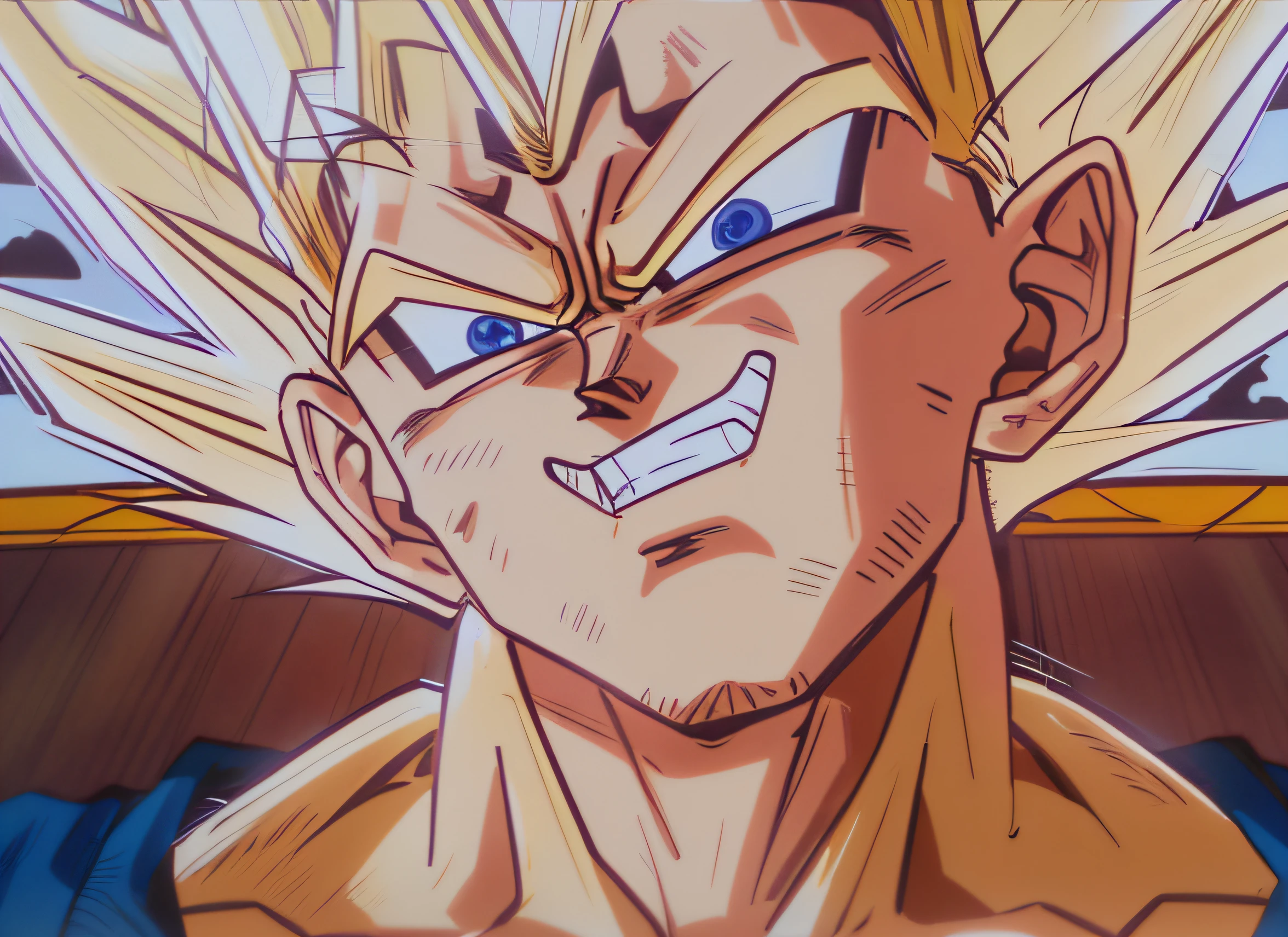 Um close up de um desenho animado de um Gohan muito jovem, super saiyajin, Super Sayan, with vegeta head hair, indo super saiyajin, Vegeta, personagem dragonball, super saiyajin goku, Broly, Gogeta, Super Sayian Goku, Cabelo selvagem Saiyajin preto espetado, Filho Goku, prince vegeta