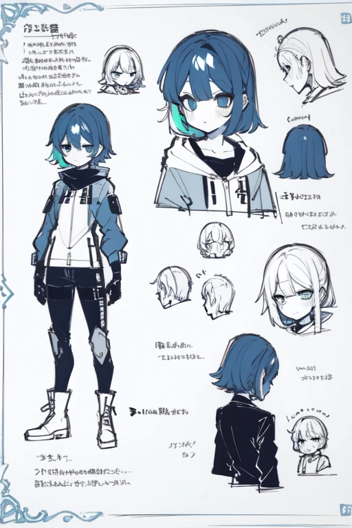 1girl in, ((Character information)、Type sheet, Character Sheets, Three types，Shot Full Body，Game Character Design，Stylistic expression, inspired by Alphonse Mucha, A lot of style, flat shading flies, Abstract art, baggy clothes, ，windproof boots, official arts, Line chart sketch, symbol-shaped pupils,Separating elements),Colorful, Bright, Cyborg,