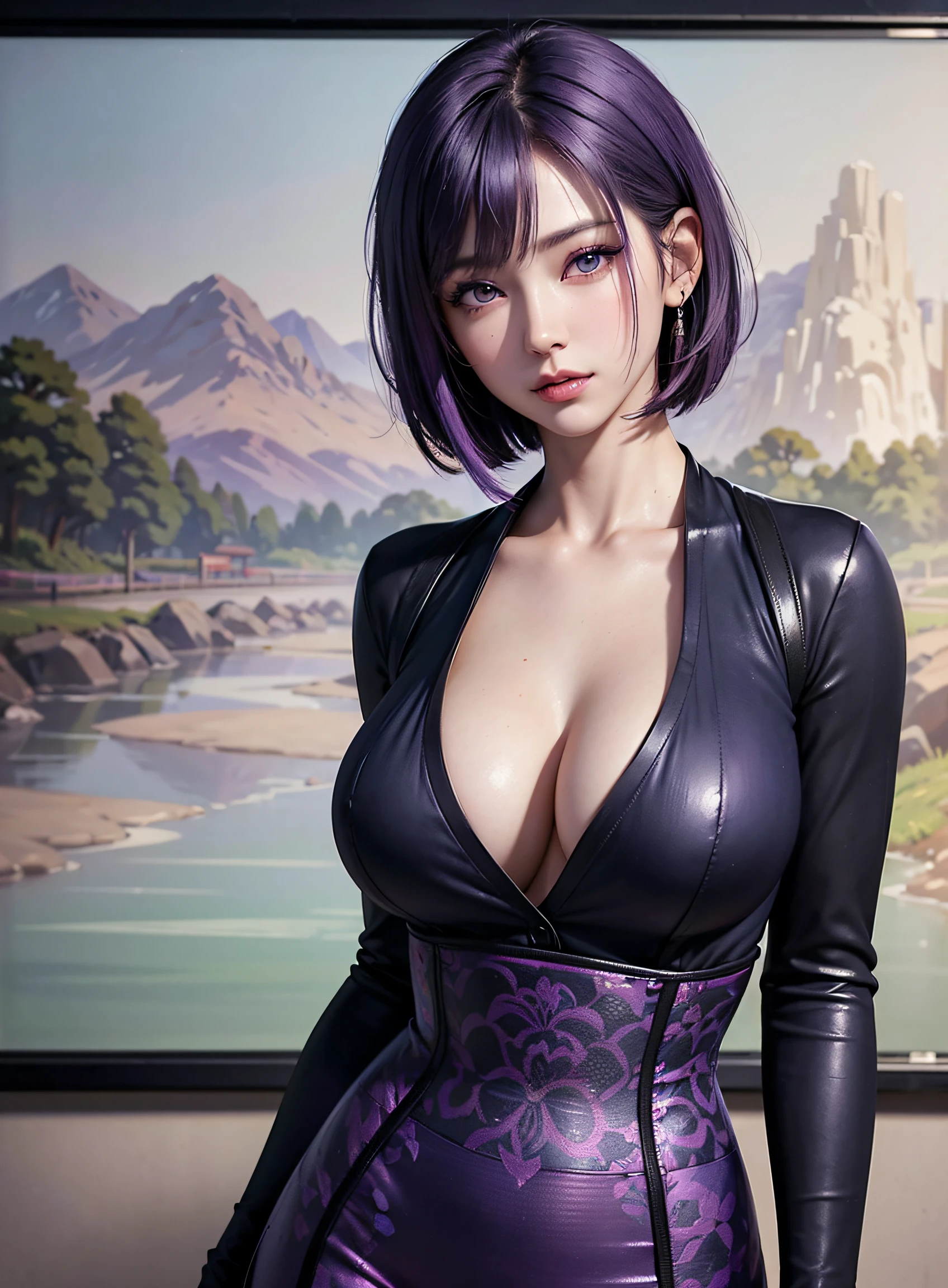 sfw, purple eyeest quality, masterpiece painting:1.3), Oboro, mature female, 26yo, (half body shot:1.3), schoolgirl, school uniform, (seductive look:1.5), purple hair, short hair, stacked bob hair, (large breasts:1.2), (narrow waist:1.1), cleavage, perfect body, (athletic body:1.1), soft skin, anime face, perfect face, (perfect eyes:1.3), glowing eyes, purple irises, anime eyes, smoky eyeliner, eyeshadow, asian, looking at viewer, smart, whiteboard background, classroom, sharp focus, intricate details, professional artwork, (vibrant colors:1.1), vivid colors, Diffused lighting, digital blending, ultra detailed body, ultra detail hair, ultra detail face, trending on pixiv, top button opened, shy girl, cute glance, makeup, purple lipstick, perfect lips, perfect makeup, ultra detailed painting, (landscape shot:1.4), ((skinny waist)), young asian girl, ((big boobs)),