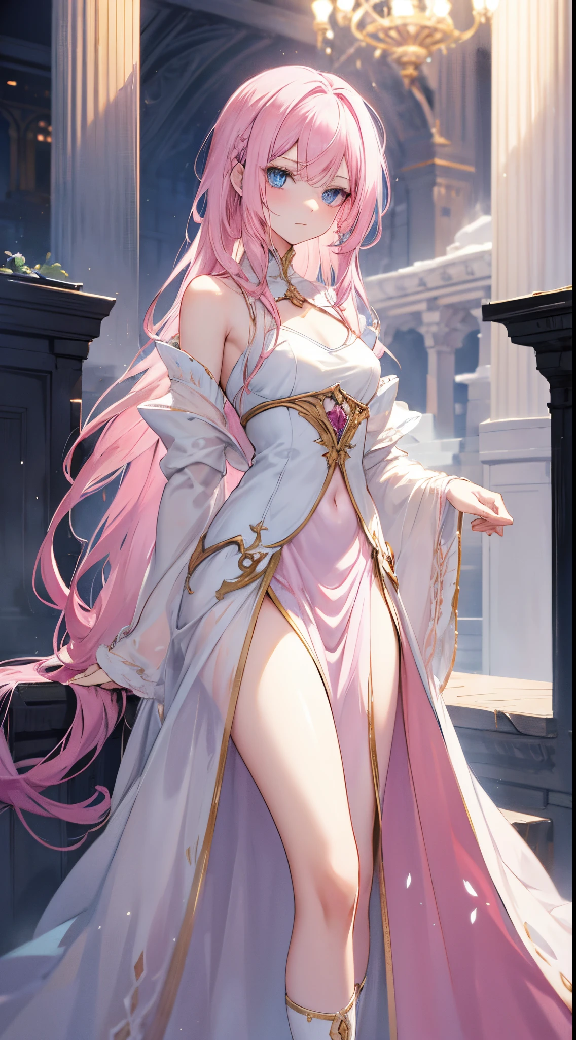 pink hair, blue eyes, long hair, slim body, throne room, fantasy, princess robes, stoic expression, night, masterpiece, soft skin, beautiful, gentle, poised