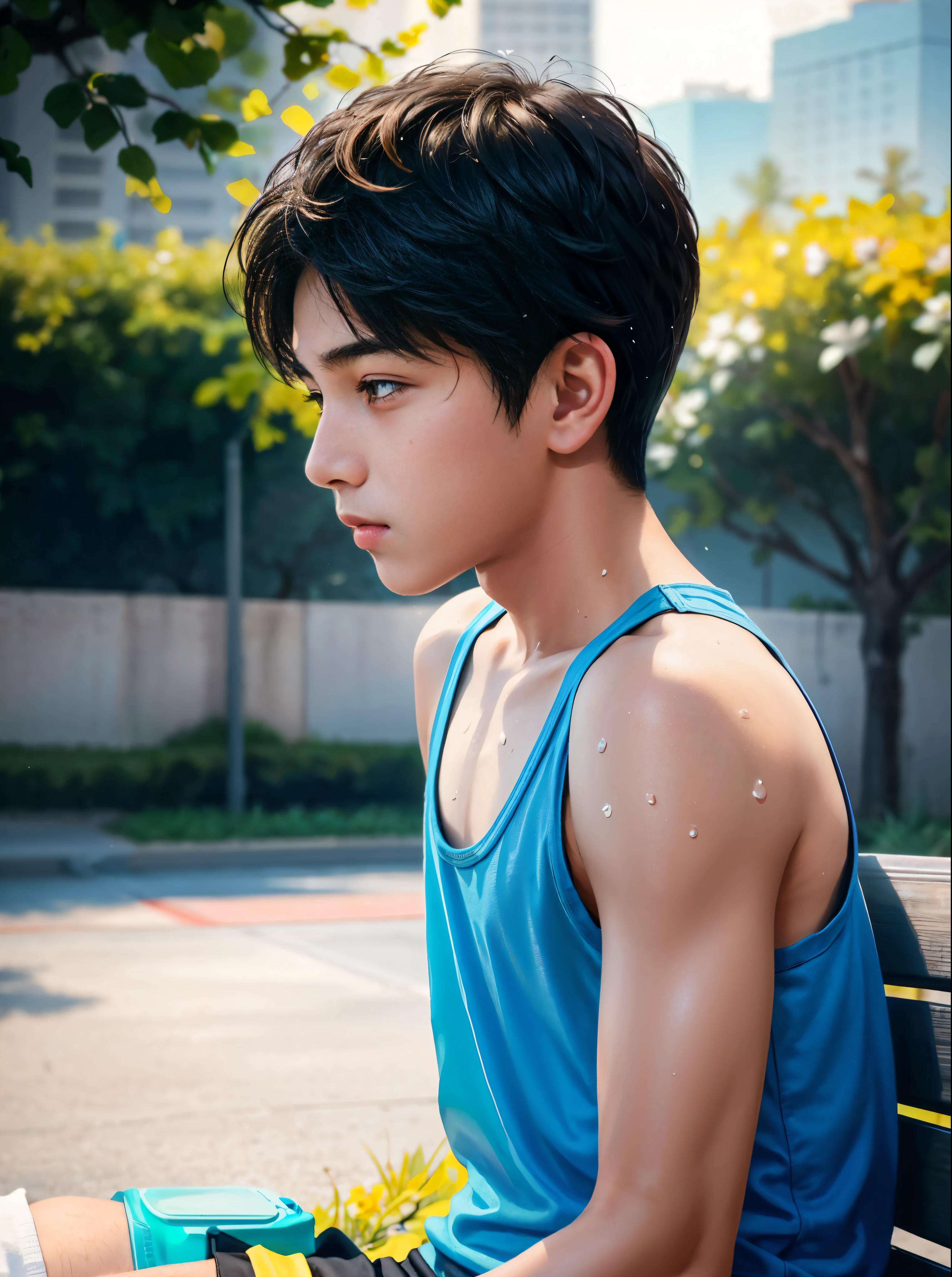 (high quality), (masterpiece), (detailed), 8K, Hyper-realistic portrait of 1 Japanese boy, (water splash1.2) on his (upper body1.2), (liquid1.2) dripping down his (swimwear1.2), (refreshed expression1.2) with (cool eyes1.2), (messy black hair1.2) and (water droplets1.2) on his (smooth skin1.2), in a (bright1.2) and (refreshing1.2) setting, with a focus on ( textures1.2) and (lighting1.2) and (water effects1.2), trending on DeviantArt.