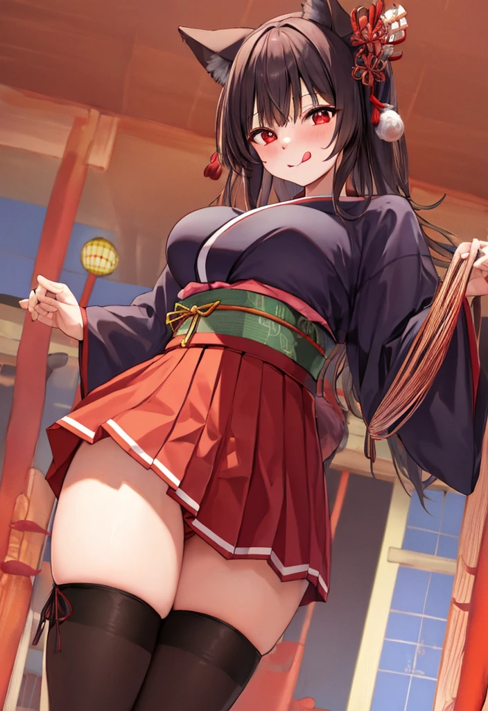 cowboy shot, standing, animal ears, licking lips
large breasts, japanese clothes, pleated skirt, red eyes, thighhighs
home
