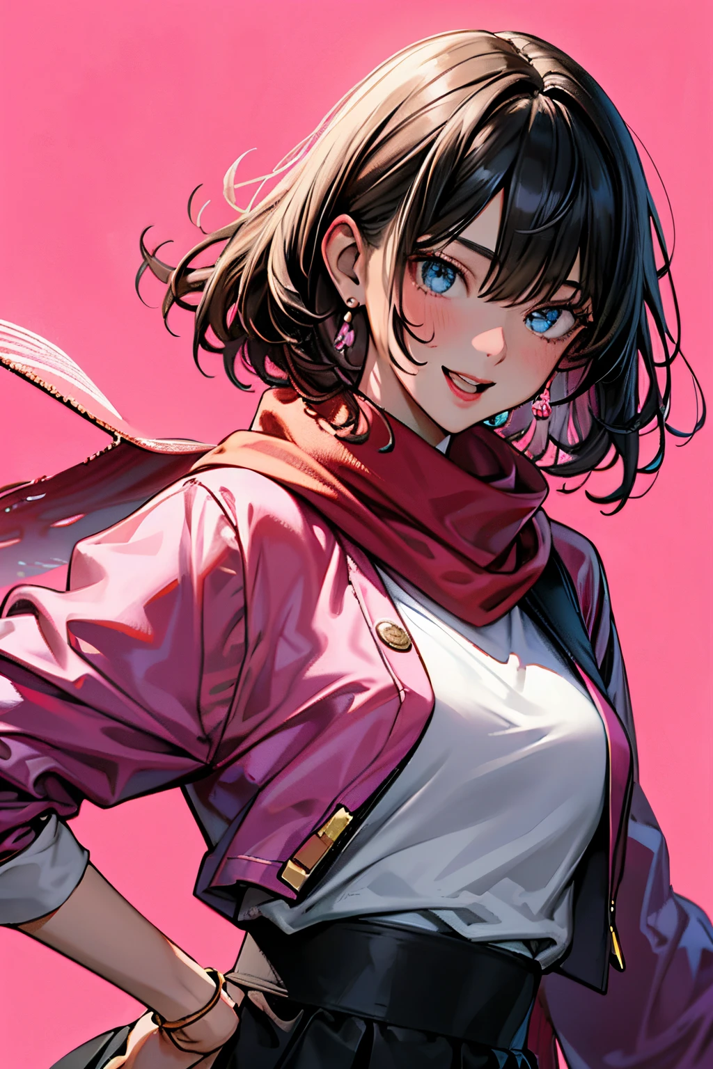 Wear a coat and wrap a scarf around your neck,guts,Happy,Open mouth,Curly hair, 2 line hair,Short bob cut,Solo,a colorful,Skirt,Jacket,harajuku wear, blue ionochrome,+++) }}}} ,colorful farewell,White hair,Pink background,{{{Oil Painting}}},{{{High detail lights, sharp sketch}}},{{{Cyberpunk}}},{{{Dynamic Pose}}},Strong twist body,{{{Cute anime face}}},{{{Dynamic Angle}}},poptoon, hair inner color,Many lines of hair,{{{{limit pallet}}}}, ,Minute Details,1girl in,{{{album covers}}},Looking at Viewer,((Floating hair)),offcial art,{{{Beautiful detailed eyes Beautiful detailed face}}},{{{beautiful detailed hair}}},{{{Colorful background}}},{{{Beautiful and detailed clothes}}},{{{Limited color fiber}}}, Many limited color particles,{{{+disheveled hair, Wind}}}, extremely detailed fingers, beautifull detailed face, Wavy Hair, Asymmetrical hair,