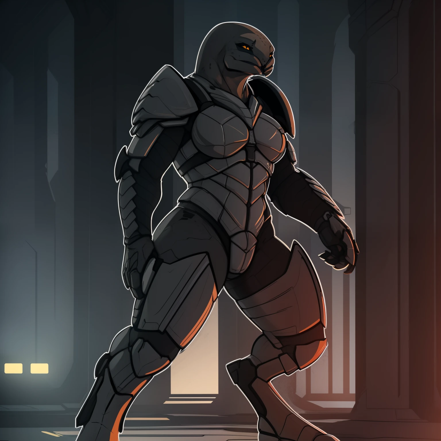 Tall_Muscular_sangheili female dark_gray_scaled_body orange_iris black_sclera solo Masterpiece best_quality absurdres highly_detailed cleanly_drawn_eyes anthro_only by_claweddrip, by_greasymojo, by_underscore-b, by_runawaystride silver_full_armor