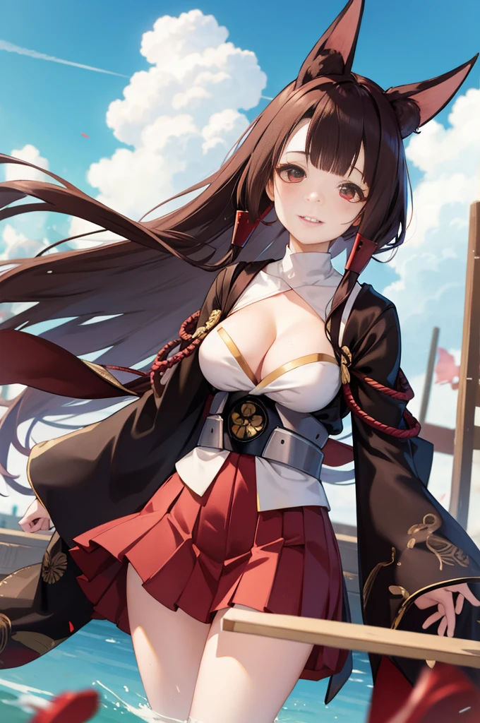 akagi(azur lane), large breasts, 1girl, outdoors, eyeliner, red skirt, japanese clothes, brown hair, animal ears, cloud, smile, makeup, long hair, parted lips, black kimono, skirt, solo, red eyes, blunt bangs, looking at viewer, blue sky, cleavage, wide sleeves, blush, fox ears, sakuramon, day, eyeshadow, sky, kimono