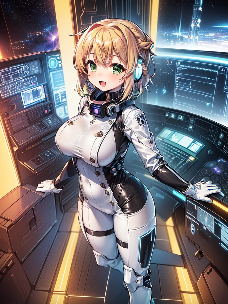 masterpiece:1.4, 1girl in ((20yr old, Wearing a tight, futuristic metallic white bodysuit,long boots, huge-breasted, Colorful blonde hair, Chignon,short-hair, Perfect model body, Green eyes:1.4, Wearing headphones, Flirting, Happy, Looking out the window of the futuristic sci-fi space station、While admiring the beautiful galaxy:1.2, SFSF control room on night background:1.1, Neon and energetic atmosphere:1.2)) ((Galaxy)) ((Solo:1.6))