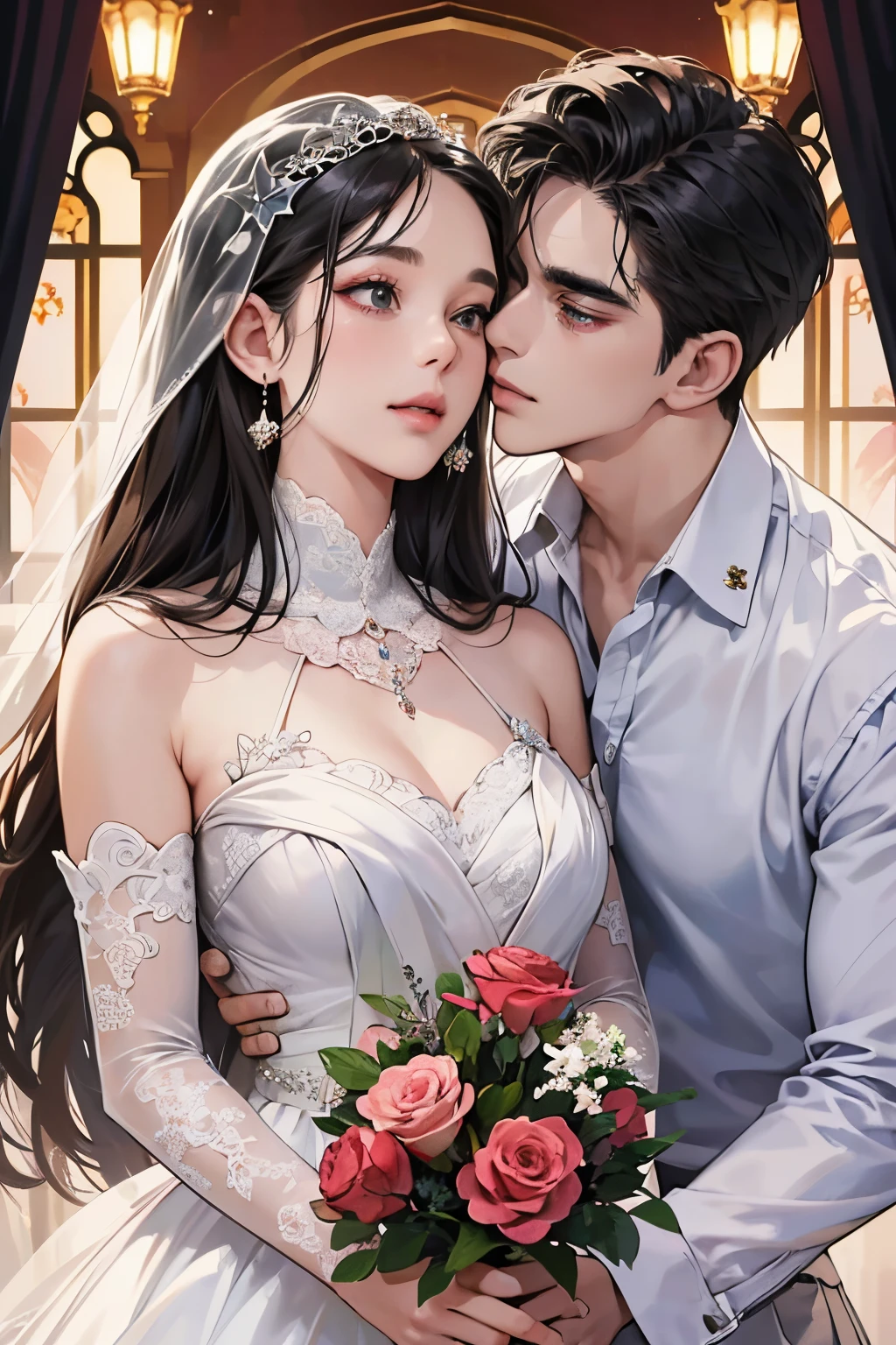 (masutepiece, Digital Art, Digital Illustration, 4K, 8K, Ultra-detailed, beautiful image, Sharp Image, Photorealistic, Raw photo, Perfect face, Perfect lines, Perfect eyes, Soft lighting) ,1 woman, (Long Black Hair,straight haired,Bullish gaze,Beautie,ellegance,Solid makeup,23 y-o woman,small tits:1.3),Two handsome men in suits, (ember,well-muscled,Firm shoulder width, Man's,Boyish hairstyle,English gentlemanly style,Man in his 30s with a cool expression,28-year-old man with bright smile:1.2),Show white teeth and smile(embarrassed from,Shy smile:1.1),shores,Beach,beach wedding、innocent smiles,Laugh、couple kissing、kiss、the kiss、Romance、Mermaid Line Wedding Dresses、Wedding、Bouquet of roses、Wedding