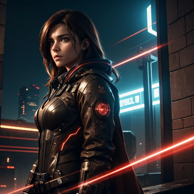 Cyberpunk landscape, a woman with brown hair, expressive eyes, translucent fractals, shiny textures, strong tones of red, half-length portrait blended into the scene, recalling the mystical touch of Washington Allston, directed with the cinematic eye of John Schlesinger, volumetric lighting, ultra -realistic, 8k details.