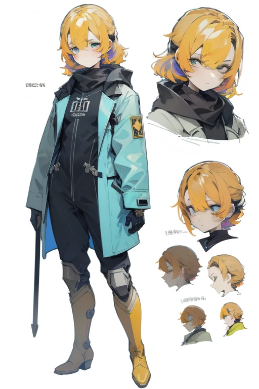1girl in, ((Character information)、Type sheet, Character Sheets, Three types，Shot Full Body，Game Character Design，Stylistic expression, inspired by Alphonse Mucha, A lot of style, flat shading flies, Abstract art, baggy clothes, ，windproof boots, official arts, Line chart sketch, symbol-shaped pupils,Separating elements),Colorful, Bright, Cyborg,