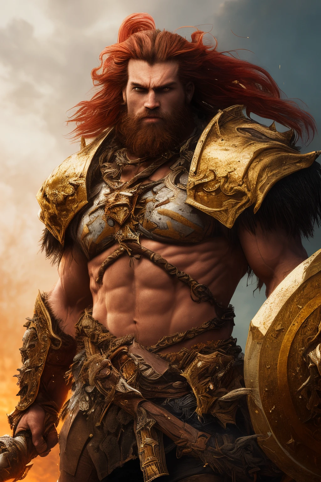 Gold armor, berserker potrait, male barbarian, fantasy art, From his look alone enemies starting to panic, one head,devilish smile, Hell beast, demon, white-fire Sky, warrior, with scythe and shield, beutiful, men, Werelion, long braided red Hair, glowing gold eyes, realisitic, highly detailed, Unreal Engine, 8k-upscale