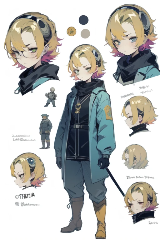 1girl in, ((Character information)、Type sheet, Character Sheets, Three types，Shot Full Body，Game Character Design，Stylistic expression, inspired by Alphonse Mucha, A lot of style, flat shading flies, Abstract art, baggy clothes, ，windproof boots, official arts, Line chart sketch, symbol-shaped pupils,Separating elements),Colorful, Bright, Cyborg,