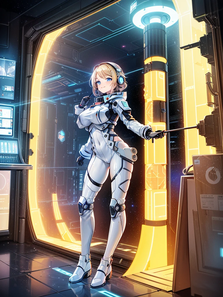 ​masterpiece:1.4, 1girl in ((20yr old, Wearing a tight, futuristic metallic white bodysuit,long boots, huge-breasted, blonde  hair, Long,Braided hair,Margaret&#39;s hairstyle, Perfect model body, Blue eyes:1.4, Wearing headphones, Flirting, Happy,  Looking out the window of the futuristic sci-fi space station、While admiring the beautiful galaxy:1.2, SFSF control room on night background:1.1, Neon and energetic atmosphere:1.2)) ((Galaxy)) ((Solo:1.6))