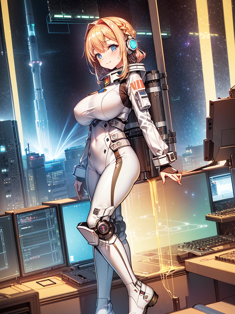masterpiece:1.4, 1girl in ((20yr old, Wearing a tight, futuristic metallic white bodysuit,long boots, huge-breasted, blonde hair, Long,Braided hair,Margaret's hairstyle, Perfect model body, Blue eyes:1.4, Wearing headphones, Flirting, Happy, Looking out the window of the futuristic sci-fi space station、While admiring the beautiful galaxy:1.2, SFSF control room on night background:1.1, Neon and energetic atmosphere:1.2)) ((Galaxy)) ((Solo:1.6))