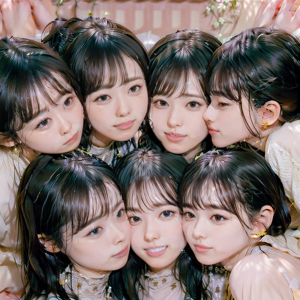 Raw photo、((3girls)),Open eyes、Three women kissing and loving each other、The same face、A dark-haired、a smile、same person、(lesbian orgy)