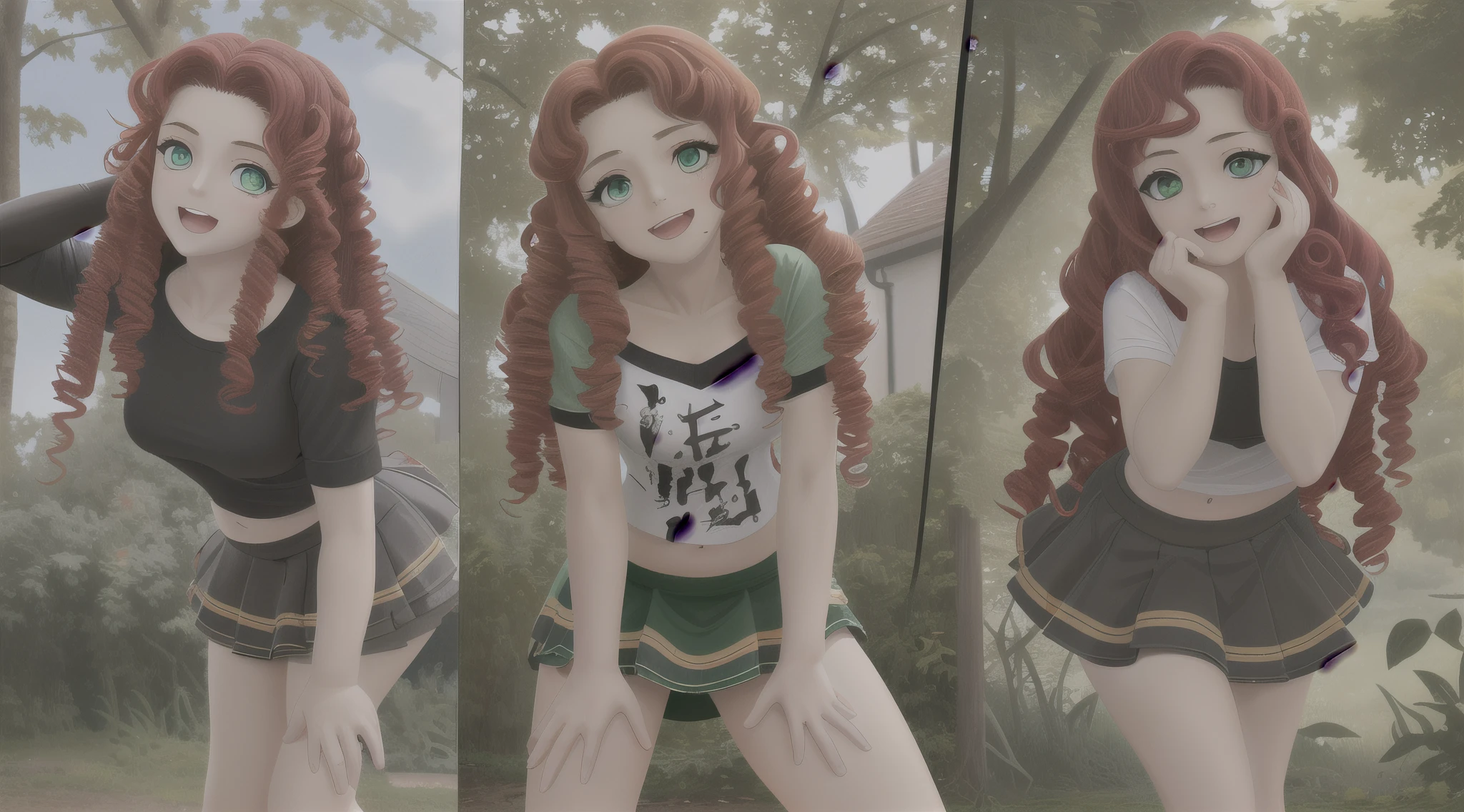 Charakter-Design-Blatt: Unterschiedliche Posen, Turnaround Draw a picture of a 24-year-old woman, 165 cm tall, schlank, sportlich, rotes Haar, lockiges Haar, green eyes, Stelle sie als eine lebensfrohe, junge Frau dar, whose facial expression reflects happiness and relief, different poses from different directions She has red curly hair and green eyes, and embodies a mixture of chaos, neugierig, lucky and inexperienced characteristics. Emphasize her red curls and green eyes, ihre Neugier, their nature and their inner strength. she wears a skirt