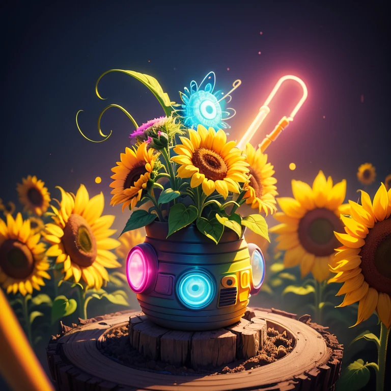 "Sunflower. in a pile of "E.T" and "E.T" canes, steven spielberg, cute colorful, digital painting, cute detailed digital art, hyper colorful, neon coloring, cute digital art, beeple colors, colorful hd picure, beeple and jeremiah ketner, glowing lights! digital painting, cute 3 d render"