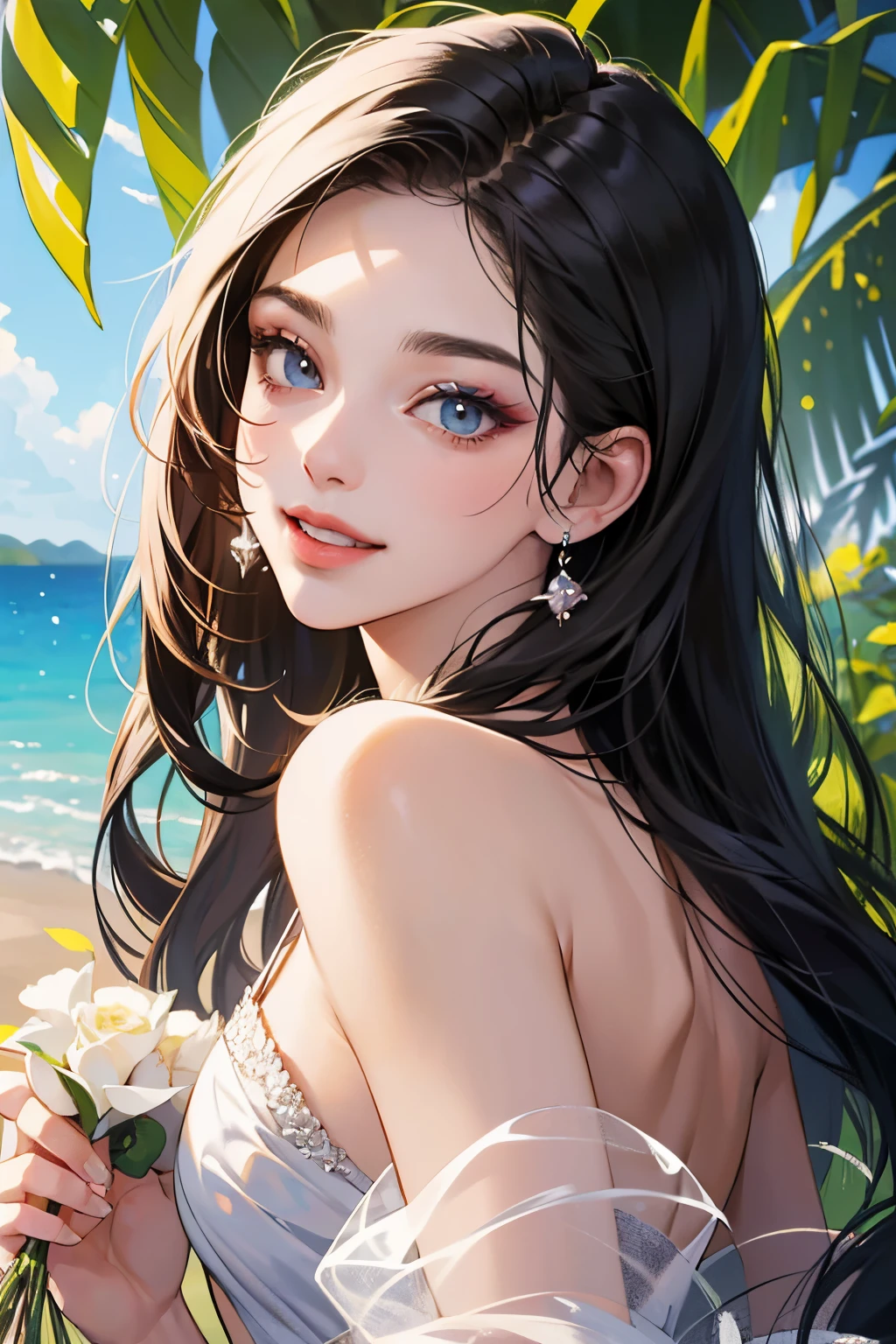 (masutepiece, Digital Art, Digital Illustration, 4K, 8K, Ultra-detailed, beautiful image, Sharp Image, Photorealistic, Raw photo, Perfect face, Perfect lines, Perfect eyes, Soft lighting) ,1 woman, (Long Black Hair,straight haired,Bullish gaze,Beautie,ellegance,Solid makeup,23 y-o woman,small tits:1.3),Two handsome men in suits, (ember,well-muscled,Firm shoulder width, Man's,Boyish hairstyle,English gentlemanly style,Man in his 30s with a cool expression,28-year-old man with bright smile:1.2),Show white teeth and smile(embarrassed from,Shy smile:1.1),shores,Beach,beach wedding、innocent smiles,Laugh、couple kissing、kiss、the kiss、Romance、Mermaid Line Wedding Dresses、Wedding、Bouquet of roses、Wedding