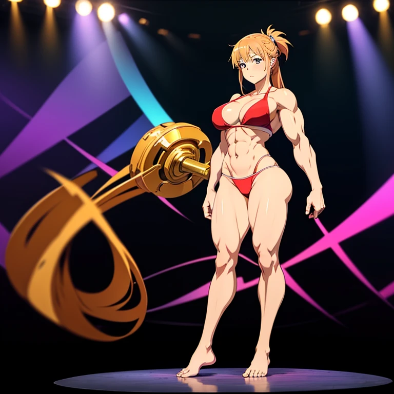 Anime, High quality full body image of Asuna as a bodybuilder in a tight bikini, tanga, ohne Schuhe, feet, bare feet, massive muscular body, huge muscular shoulders, Massive big biceps, Venen im Bizeps, Muskelbeine, massive muscular abs, bizeps flex. posierend, Sie schwitzt, very muscular, The toned body shines in the spotlight, she is standing on a stage, a lot of muscular