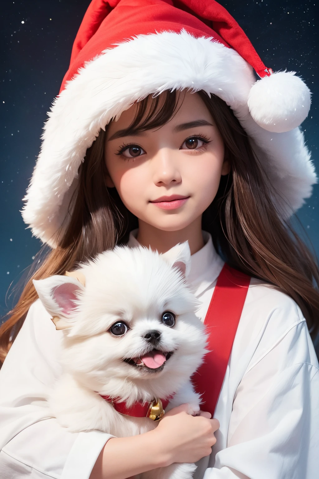 3D vector art、Girl holding a colorful cute white Pekingese dog、(A dog wearing a Christmas hat and saluting,The collar has a bell、 cute christmas present), Ultra-realistic high quality, Cute and quirky, Fantasy Art, Watercolor effect