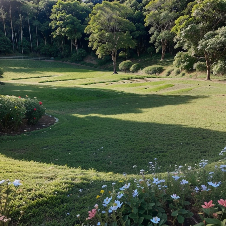 Ultra detalhes, alta qualidade, paisagem da terra do nunca, com flores num campo
