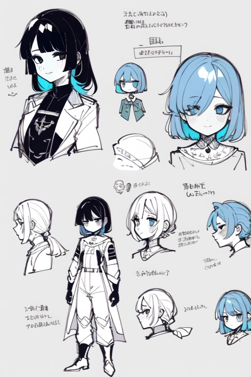 1girl in, ((Character information)、Type sheet, Character Sheets, Three types，Shot Full Body，Game Character Design，Stylistic expression, inspired by Alphonse Mucha, A lot of style, flat shading flies, Abstract art, baggy clothes, ，windproof boots, official arts, Line chart sketch, symbol-shaped pupils,Separating elements),Colorful, Bright, Cyborg,