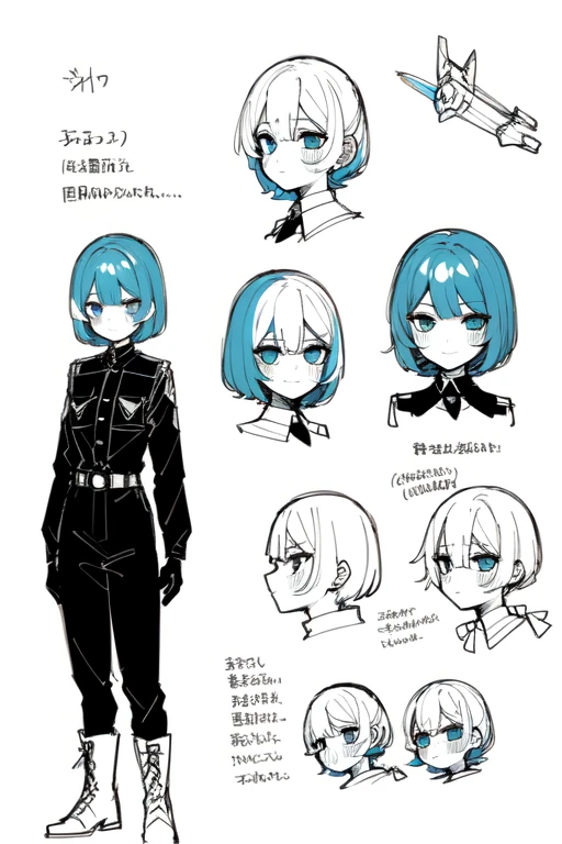 1girl in, ((Character information)、Type sheet, Character Sheets, Three types,Shot Full Body,Game Character Design,Stylistic expression, inspired by Alphonse Mucha, A lot of style, flat shading flies, Abstract art, baggy clothes, ,windproof boots, official arts, Line chart sketch, symbol-shaped pupils,Separating elements),Colorful, Bright, Cyborg,