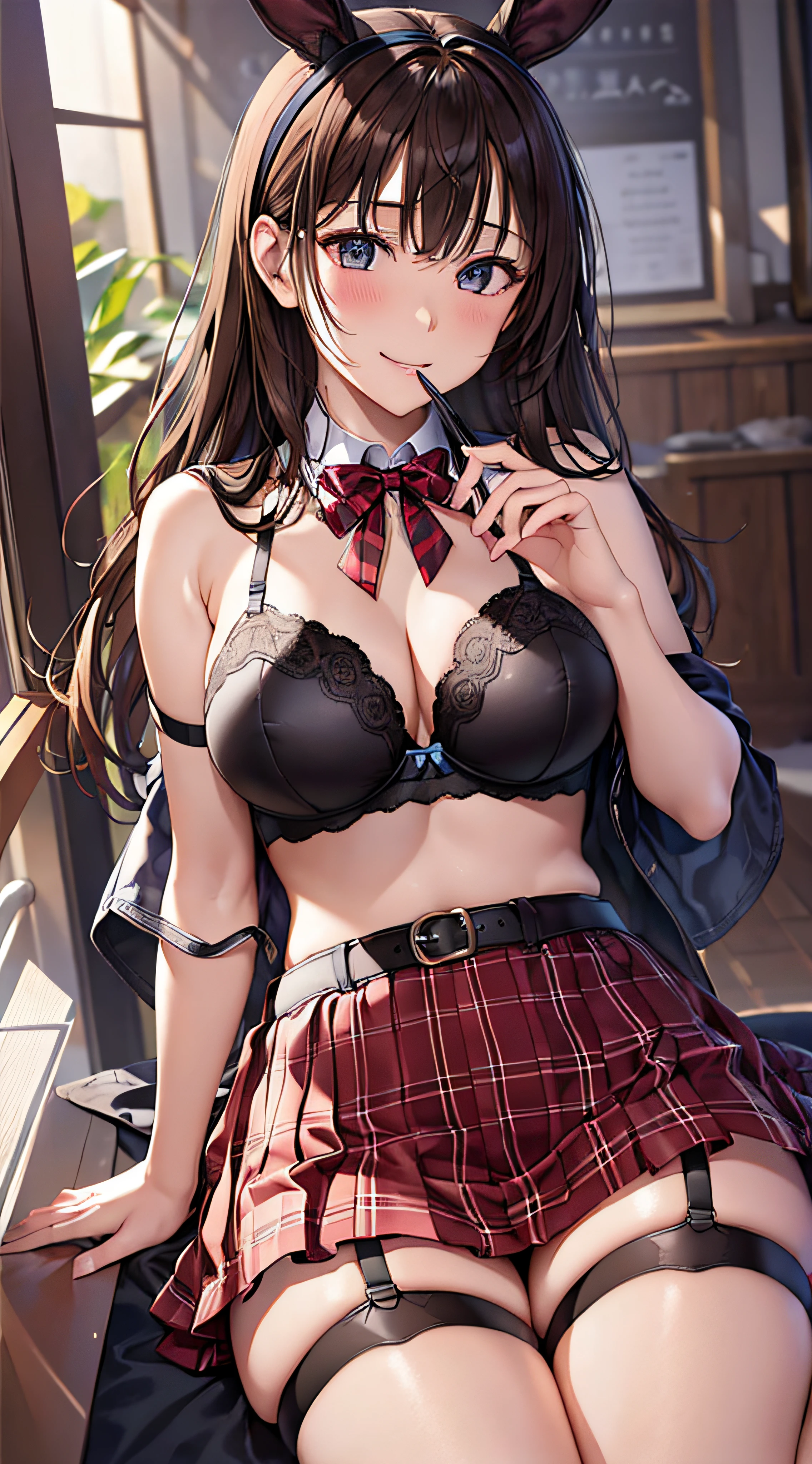 ((masutepiece, Best Quality, hight resolution, nffsw, Perfect Pixel, 4K, nffsw, nffsw))), 1girl in, Single, Solo, Beautie、full body seen、 ((Middle Wave Hair, Bangs, Brown hair)), ((Brown-eyed, Beautiful eyelashes, Realistic eyes)), ((Detailed face, Blushing:1.2)), ((Smooth texture:0.75, Realistic texture:0.65, Photorealistic:1.1, Anime CG style)), medium breasts, Dynamic Angle, Perfect body, ((black bunny ears、Red and black sexy bra、plaid skirts、garter stocking、high-heels、Kamimei)), Classrooms without people、Sit on a desk、、、early evening、、、Very embarrassing panic smile、soft boob、(、、Open both legs、Pink floral lace panties)、